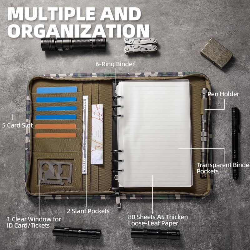 ‎KOSIBATE Padfolio Ring Binder with 80 Sheets 160 Pages of Loose-Leaf Paper, Weatherproof Notebook Cover, Tactical Notebook with Zippered for Folders, Cards Refillable 6-Ring Notepad(7.3"x10.1") - Image 3